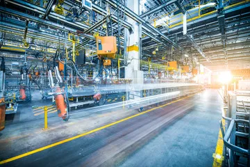 Robotic assembly line on a manufacturing production floor